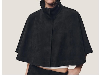 Black Suede High-Neck Cape | Satin-Lined Elegant Winter Cloak for Women