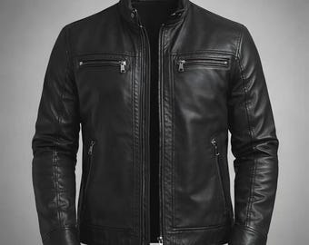 Men’s Black Leather Jacket Vintage Style Biker Slim Fit Genuine Leather Coat Winter Fashion