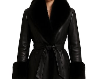 Handmade Faux Fur Lined Trench Coat | Black Vegan Leather Overcoat