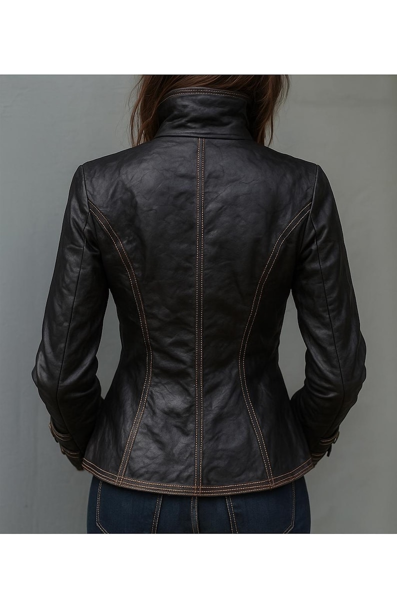 May include: A black leather jacket with a high collar and long sleeves. The jacket features decorative stitching in a contrasting brown color along the seams and edges. The back of the jacket is visible, showcasing its tailored fit.