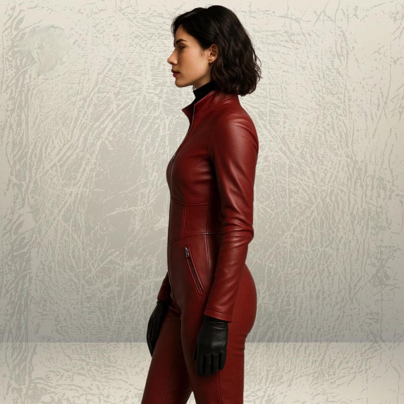 May include: A red leather jumpsuit with a high collar and long sleeves. The jumpsuit features a zip closure and a small chest pocket. The model is wearing black gloves.