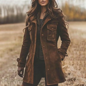 Women’s Dark Brown Real Suede Leather Coat Handmade Long Vintage Trench Jacket with Pockets