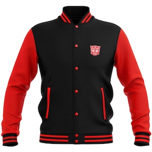 May include: Black and red varsity jacket with a button-up front. The jacket features red sleeves, a red and black striped collar, and a red and black striped hem. A red emblem is on the chest.