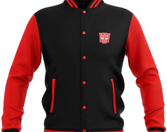 Chaqueta universitaria Transformers Autobot para hombre: chaqueta bomber de lana y cuero rojo
