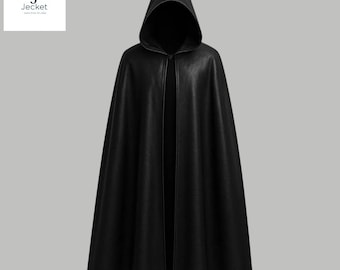 May include: A full-length black hooded cloak. The cloak is made of a smooth, dark material and features a deep hood. The cloak is open in the front, allowing for easy wear. The logo "Jecket" is in the upper left corner.