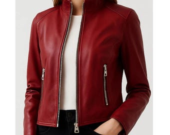 Handmade Red Sheepskin Leather Jacket | Women’s Slim Biker Style