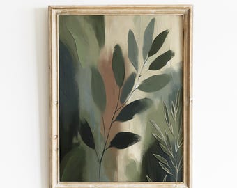 Dark Green Wall Art, Modern Leaf Botanical Print, Moody Minimal Plant Decor, Digital Download