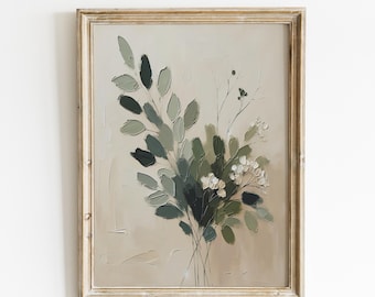 Sage Green Abstract Botanical Wall Art Print, Minimalist Floral Oil Painting Style, Neutral Nature Digital Download