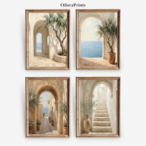 May include: Four framed art prints showcasing Mediterranean architecture. The prints depict archways, olive trees, and stone pathways. The colour palette includes beige, brown, and blue tones, creating a peaceful atmosphere. The text "OiloraPrints" is visible at the top.