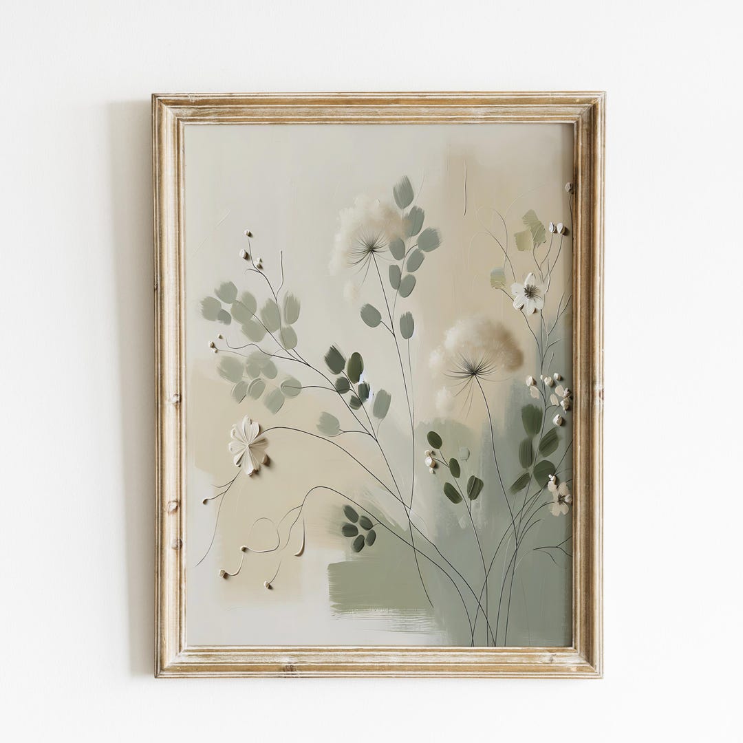 Sage Green Abstract Floral Wall Art Print, Minimalist Botanical Oil ...