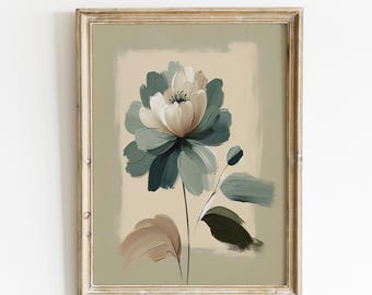 Sage Green Abstract Flower Wall Art Print, Modern Minimalist Botanical Art, Neutral Floral Oil Painting Style Printable Art