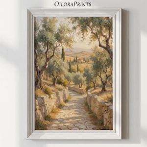 May include: A framed oil painting print titled OILORAPRINTS depicting a sunlit stone path winding through an olive grove. The scene features textured stone walls on both sides, gnarled olive trees, and a distant landscape with rolling hills.