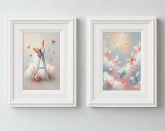 Pastel Butterfly Nursery Art Set, Initial Alphabet Print (Digital Download)