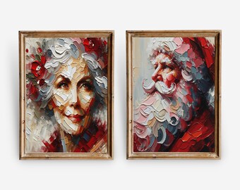 Santa and Mrs Claus Portrait Set, Vintage Christmas Wall Art, Classic Holiday Couple Prints, Oil Style Decor, Digital Download
