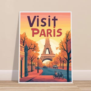 Retro Paris Travel Poster Framed Matte Print Wall Art Vintage Photo of Eiffel Tower Black White Natural Wood Frame Ready to Hang Decor
