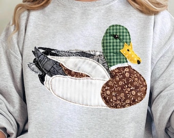 Sudadera con estampado de pato patchwork: pato patchwork, estilo cottage core, vintage, de segunda mano, con estampado gráfico DTF, ideal como regalo para ella. ¡Imagen impresa!