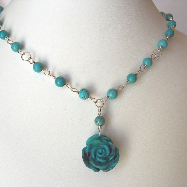 Turquoise necklace sterling silver and carved turquoise rose Cyber Monday Etsy Free Shipping Etsy Christmas gift idea