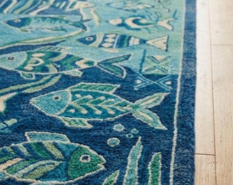 Handknotted Fish design Runner Rug - Blue - Green color Contemporary Style Wool Runner Rug - Hallway Runner - Kitchen runner - Boho runner