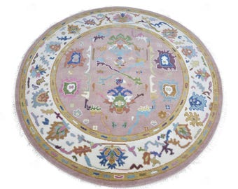 Pink Round Oushak Rug 5' 6' 7' 8' 9' 10' Diameter - Hand Knotted Wool Oushak Style Rug For Living Room, Dining & Kitchen Area