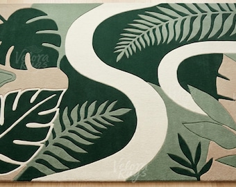 Hand Tufted Modern Botanical Rug, Green Abstract Leaf Rug, Tropical Monstera Design, Contemporary Area Rug, Handmade Rug for Living Room