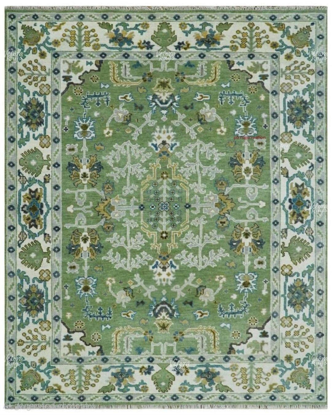 Green Hand-knotted Wool Area Rug | Traditional Oriental Oushak Design ...