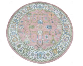 Round Oushak Rug 5' 6' 7' 8' 9' 10' Diameter - Hand Knotted Wool Turkish Style Rug - Modern Pink Multicolor - Living Room and Dining Decor