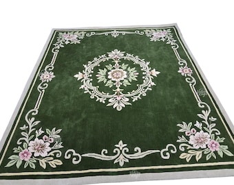 Tufted Green Floral Rug, Vintage Style Wool Area Rug, Botanical Medallion Carpet, Custom Handmade Living Room Rug, Luxury Soft Pile Rug