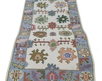 Handgefertigter Teppich Läufer - Creme - Blauer Läufer - Teppich Läufer - Blauer Läufer - Küchenläufer - Boho Teppich Läufer