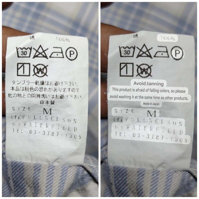 May include: Close-up of a white clothing tag with black text and symbols. The tag includes washing instructions, size M, and the brand "(AOFULLNELSON by WATERFIELD". The tag also has a warning about color bleeding.