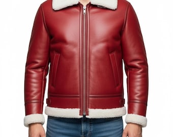 May include: A red leather jacket with a white shearling collar and lining. The jacket features a zip-up front, two front pockets, and adjustable cuffs. The jacket is worn with blue jeans.