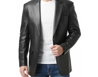 Herren Schwarz Leder Blazer: Slim Fit, Zwei-Knopf-Verschluss