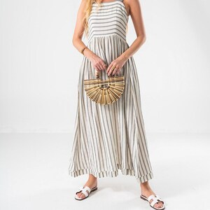 Women’s Linen Maxi Dress – Sleeveless Striped Long Resort Summer Outfit