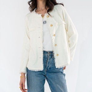 Women’s Tweed Jacket – Neutral Trimmed Blazer for Elegant Layering