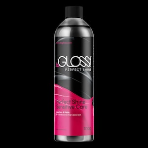 May include: A cylindrical bottle of beGLOSS Perfect Shine Sensitive Care latex polish with a black screw cap. The label features a black and pink design with the text beGLOSS, Perfect Shine, Sensitive Care, Latex Care & Polish, and 1000.