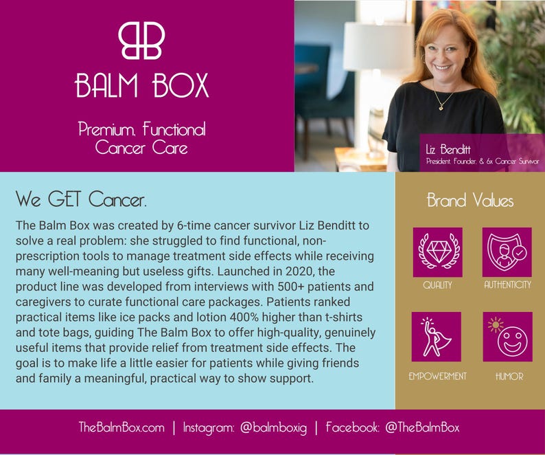 Balm Box brand overview graphic featuring founder Liz Benditt, mission statement, cancer care product background, and brand values: quality, authenticity, empowerment, and humor.