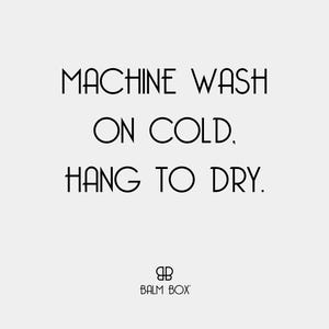 Balm Box care instructions: machine wash on cold, hang to dry, blanket care graphic