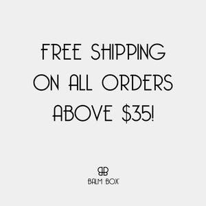 Free shipping on orders over $35 graphic featuring the Balm Box logo with black text on a plain white background.