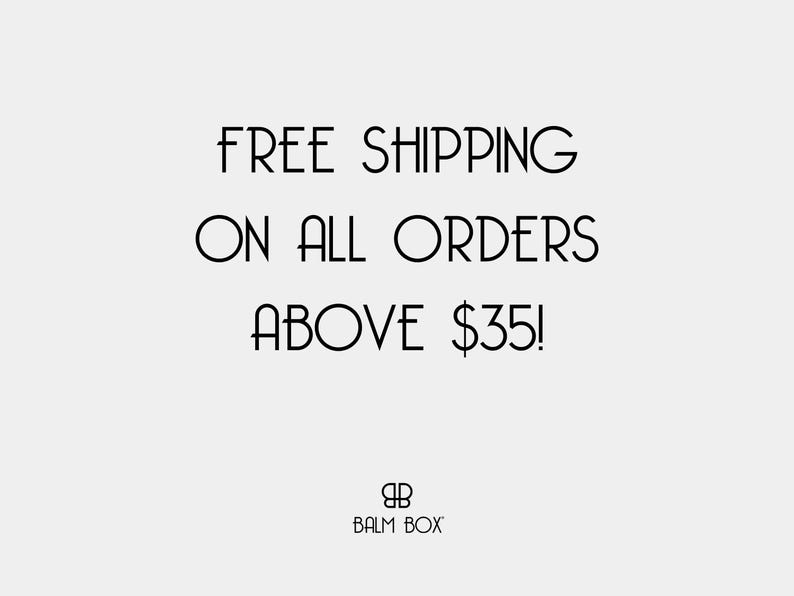 Free shipping on orders over $35 graphic featuring the Balm Box logo with black text on a plain white background.