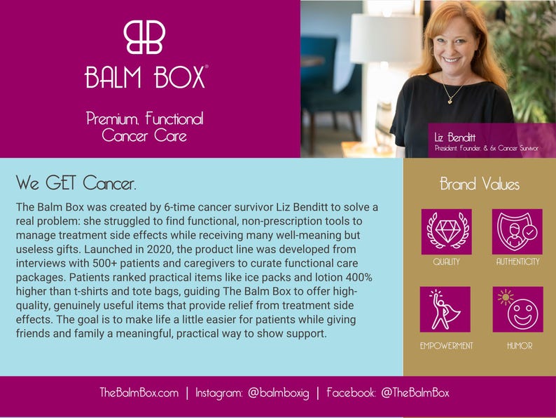 Balm Box brand story featuring founder and 6x cancer survivor Liz Benditt — premium functional cancer care products developed from interviews with 500+ patients and caregivers, brand values: quality, authenticity, empowerment, humor