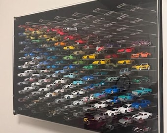 Op maat gemaakte vitrinekast voor 60 auto's op schaal 1/64 met optionele LED-verlichting.