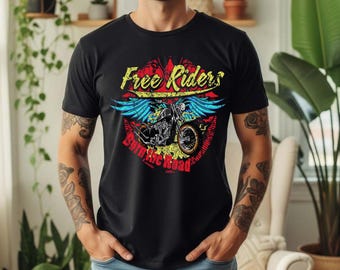 Camiseta vintage de motociclista | Camiseta preta masculina com caveira e asas