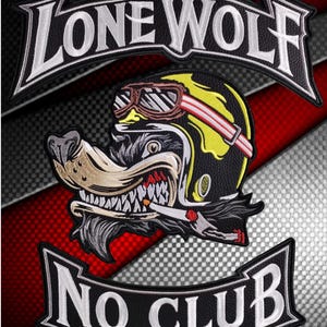 May include: A three-piece embroidered patch set featuring the text LONE WOLF at the top and NO CLUB at the bottom. The central patch depicts a wolf wearing a yellow and black motorcycle helmet with goggles, holding a cigarette in its mouth.