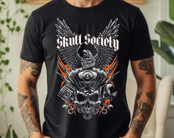 Schädel-Biker-T-Shirt, Adler-Motorrad-Motorgraphik