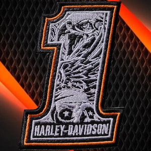 May include: An embroidered patch in the shape of the number one, featuring a black and white skull graphic with stars and the text Harley-Davidson at the base. The patch is outlined with black and orange thread borders on a dark background.
