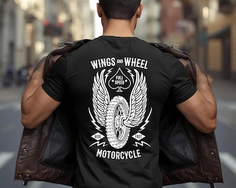 black wings and wheels biker t-shirt. runs fast ideal for men on the road