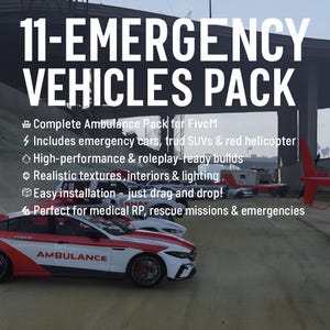 FiveM 11 Einsatzfahrzeug-Pack | Krankenwagen, LKW Hubschrauber | Medizinisch RP-Ready | Ziehen und ablegen | Optimierte Fahrzeuge
