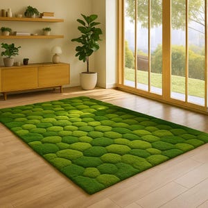 Handmade Green Moss Rug: 3D Textured Wool Carpet