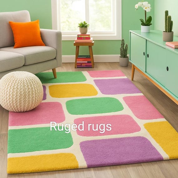 Abstract Colourful Rug| Modern Geometric Area Rug for Living Room, Pastel Rainbow Pattern Carpet, Handmade Soft Floor Mat-Custom Size"