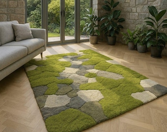 Hand-Tufted Moss Rug | 3D Stone Path, Nature Inspired Carpet