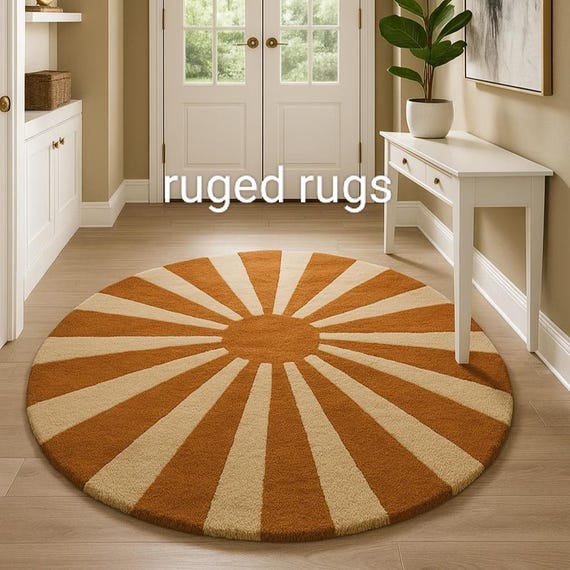 Retro Sunburst Round Rug– Boho Orange and Beige Accent Carpet | Mid-Century Modern Circle Floor Mat| Geometric Entryway or Living Room Decor